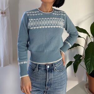 Vintage Petite Sophisticate Wool Blend Light Blue Heart Fair Isle Sweater XS